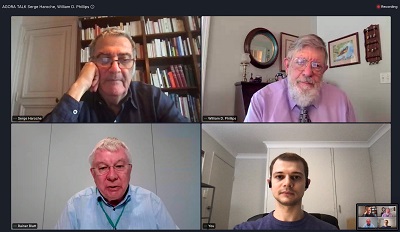 Four researchers chat virtually during the 2021 Lindau Nobel Laureate Meeting.